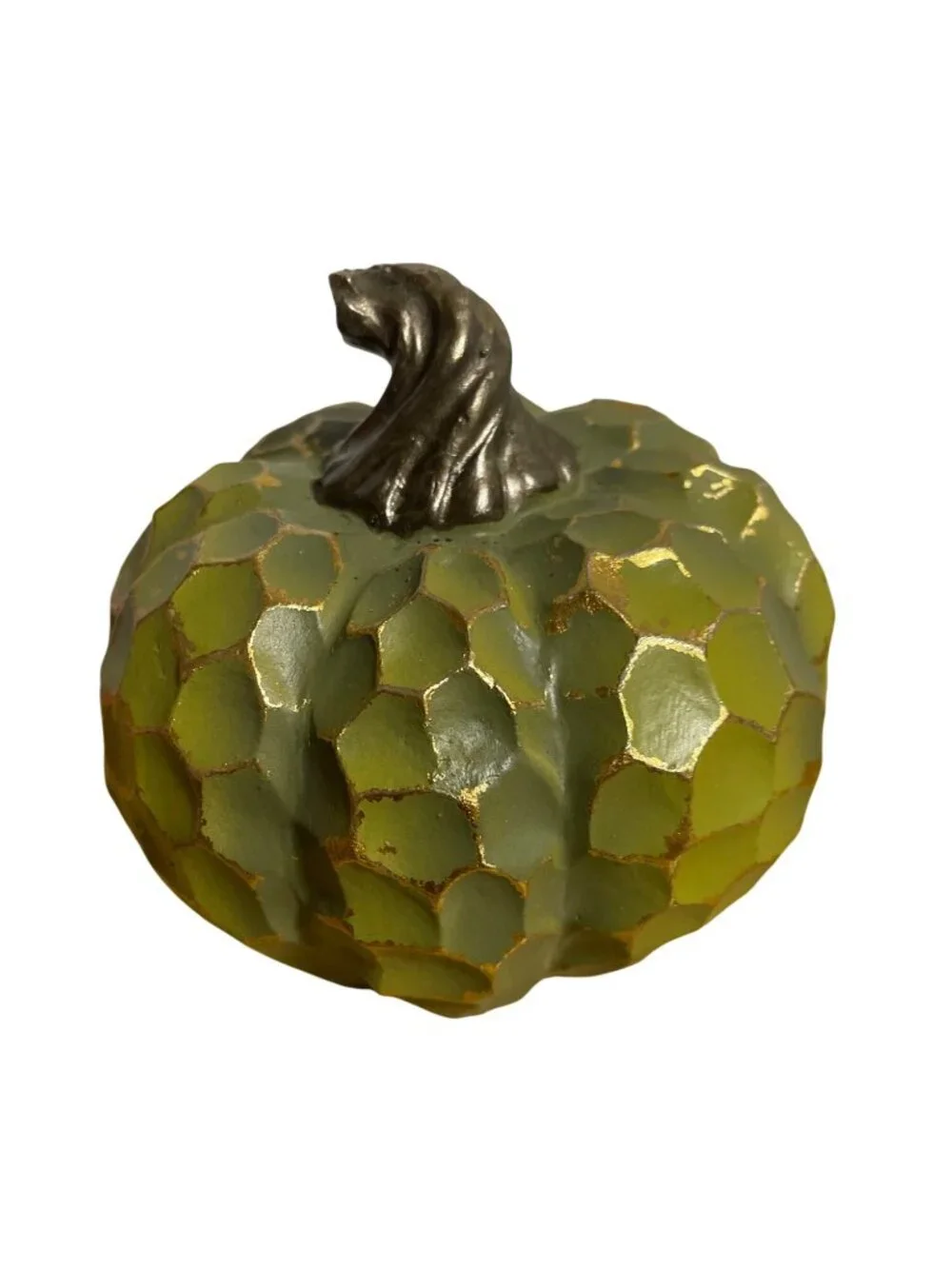 Carved Wood & Resin Pumpkin Decor Set Of 2 Rustic White & Green Gold Accents